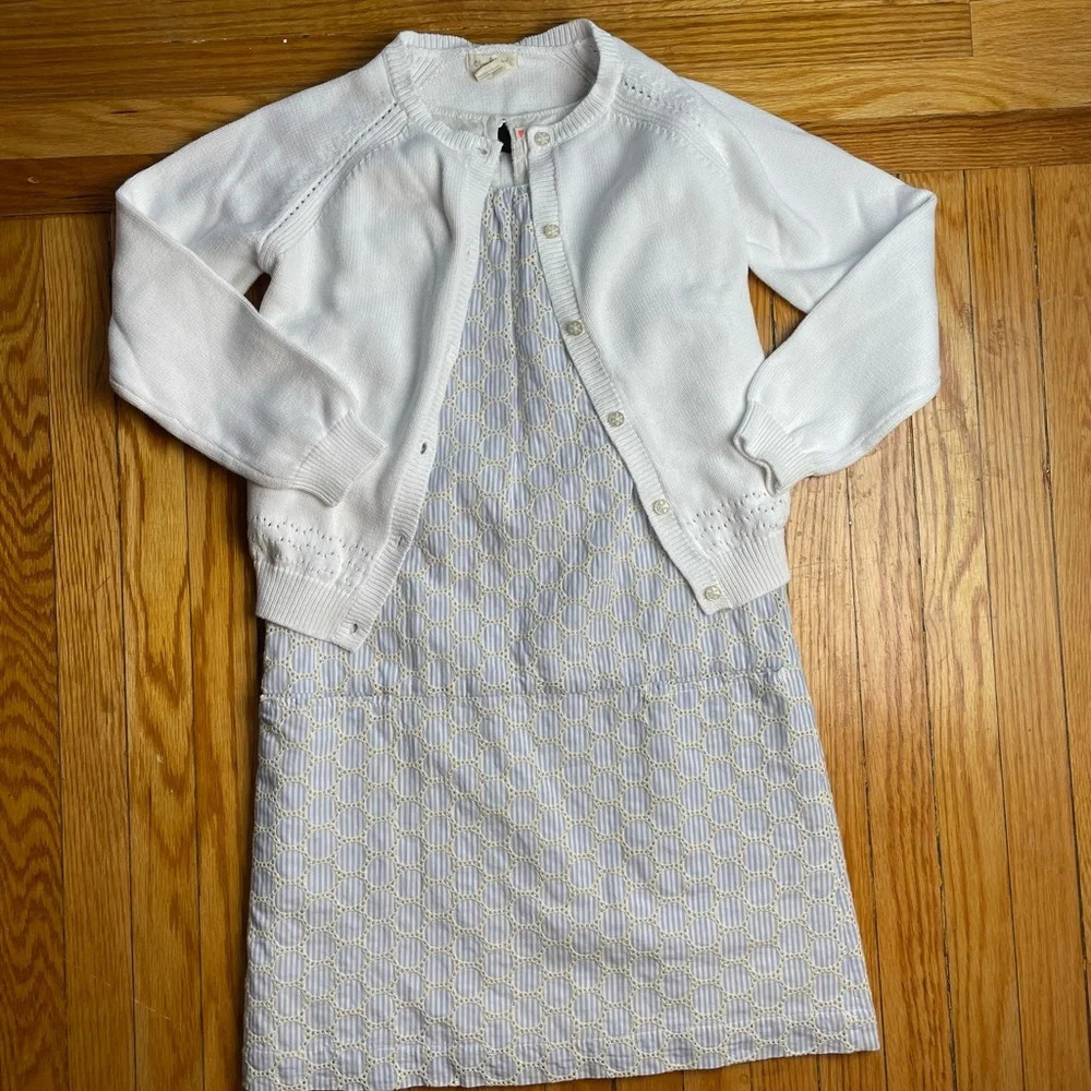 Crewcuts Blue/White Dress & Olive Juice Cardigan,  size 12
